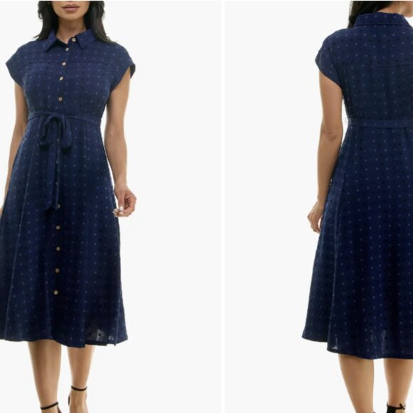 Classic Flowy Feminine Navy Chambray Swiss-dot Belted Midi‎ Dress Sz. XL - Picture 1 of 15